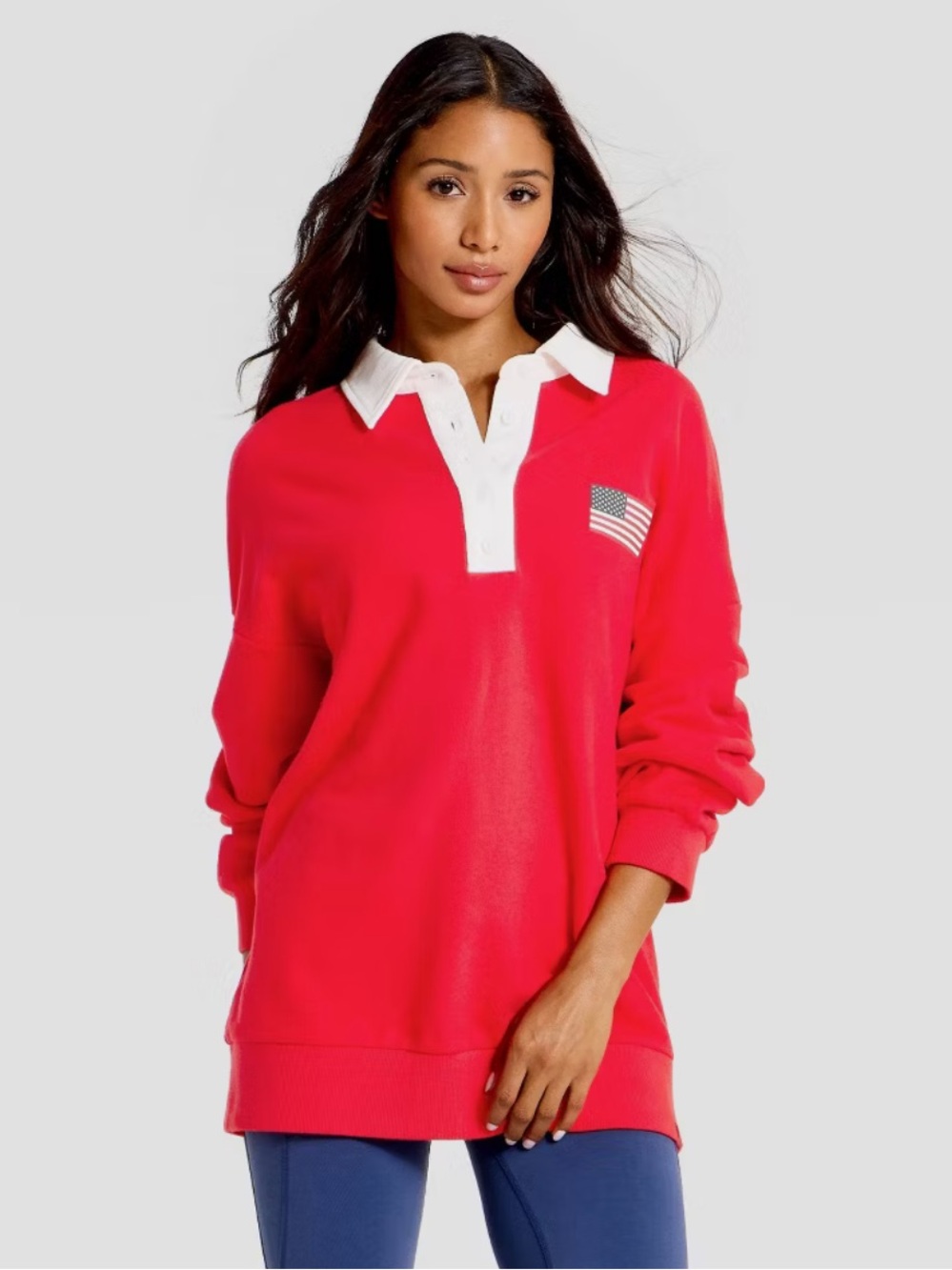JoyLab Women French Terry Polo Sweatshirt Red USA Graphic XL